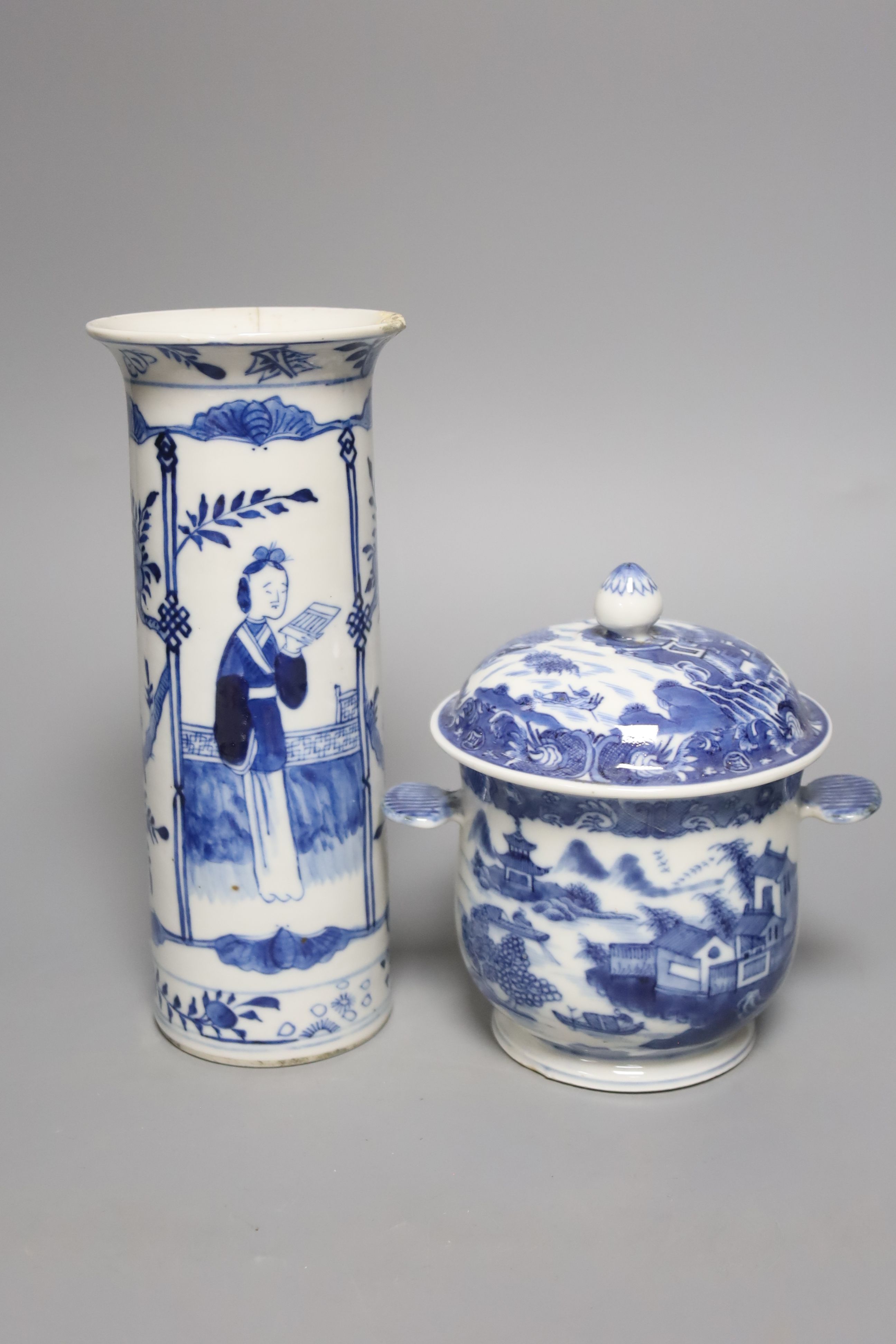 An early 20th century Chinese blue and white sleeve vase, together with a blue and white jar and cover and bowl, and a crackle glaze censer, tallest 21cm